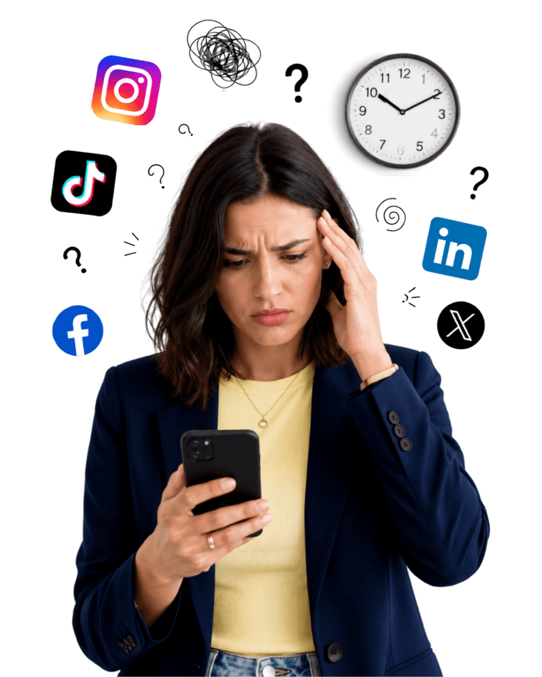 Emprendedora agobiada mirando el teléfono, rodeada de iconos de redes sociales, un reloj y signos de interrogación